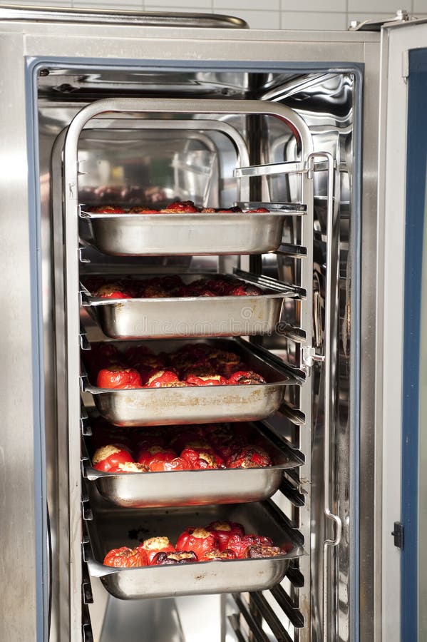 Stuffed peppers in an industrial convection oven. Stuffed peppers in an industrial convection oven