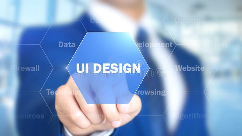 Ui Design, Man Working on Holographic Interface, Visual Screen royalty free stock image