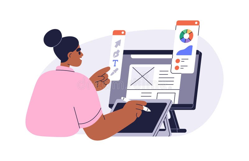 Ui-designer arbetar på datorns digitala grafikplatta. redigera webbanvändardesign. skapa användargränssnitt. kreativ royaltyfri illustrationer