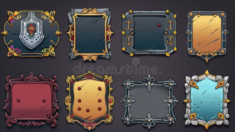 UI elements, buttons, and plaques for medieval game menus. Gold, silver, and bronze banners with ornate borders. Royal gui bars for games and arcades. Cartoon interface borders for webpages.. AI generated. UI elements, buttons, and plaques for medieval game menus. Gold, silver, and bronze banners with ornate borders. Royal gui bars for games and arcades. Cartoon interface borders for webpages.. AI generated