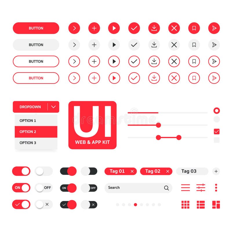 UI Kit  & Application Red Elementals Template, Flat Design Stock
