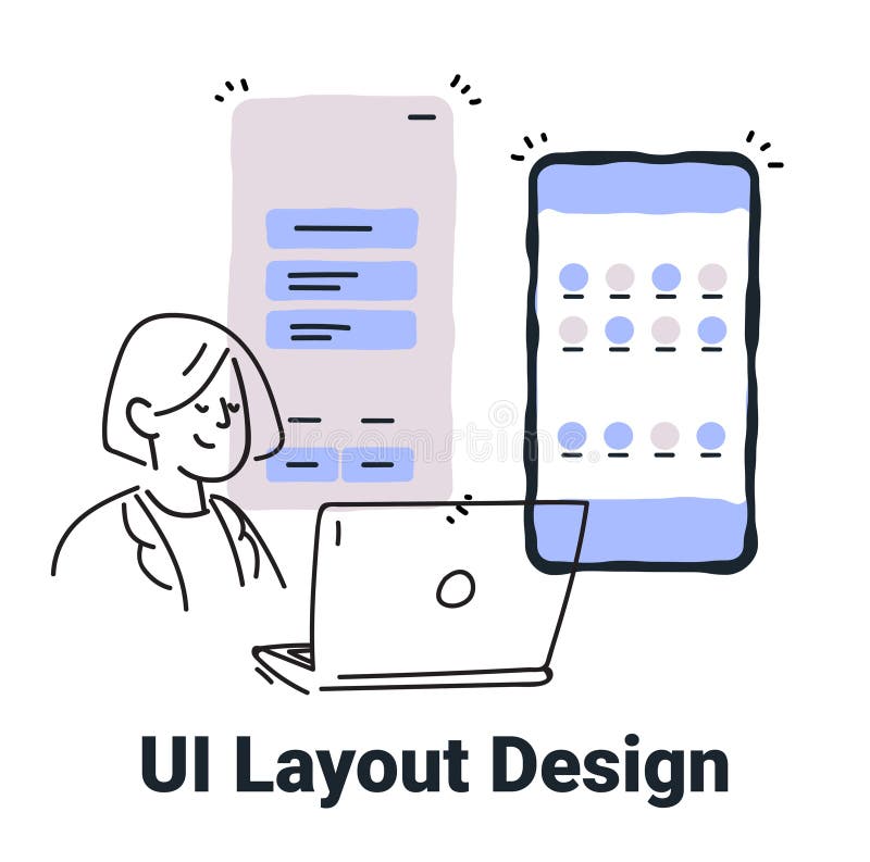 UI Layout Design concept with person working on laptop and app screens in minimalist hand drawn style for web design royalty free illustration
