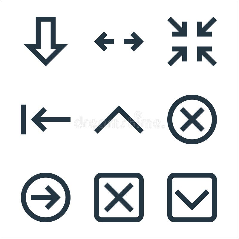 Ui line icons. linear set. quality vector line set such as down arrow, cross, right arrow, cross, up arrow, left minimize, opposite arrows illustration