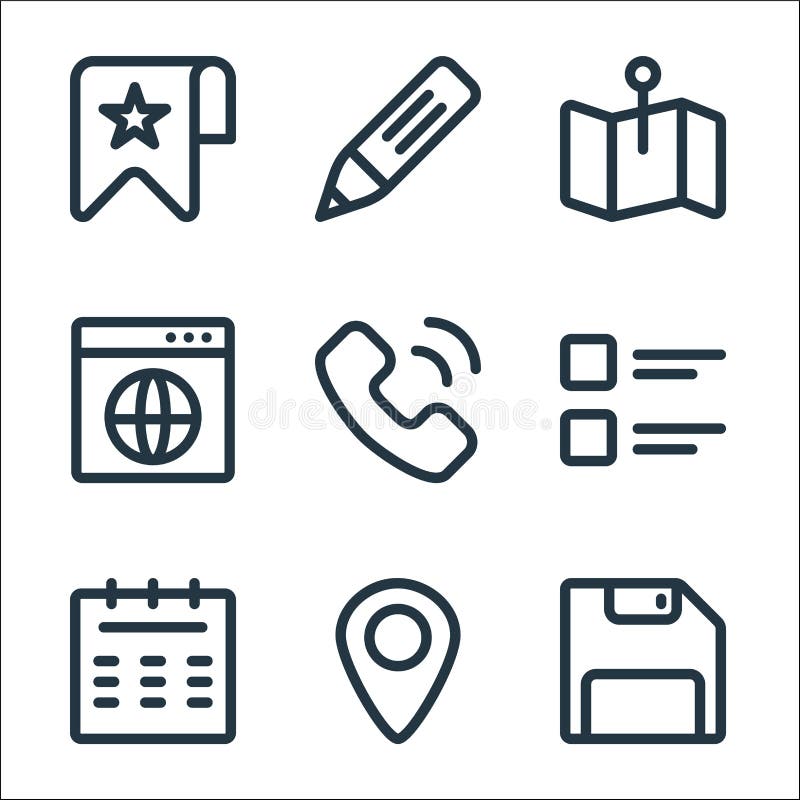 Ui line icons. linear set. quality vector line set such as save, placeholder, calendar, list, phone, browser, map, edit sign symbol