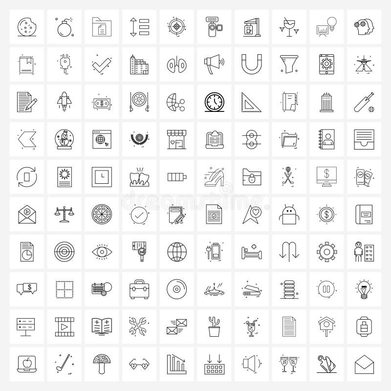 UI Set of 100 Basic Line Icons of sport, text, app, spacing, ui stock illustration