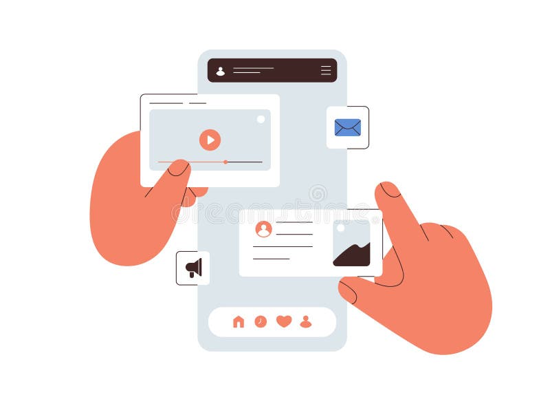 Ui UX design of mobile phone application. Hands creating abstract social media app interface, making layout, arranging.