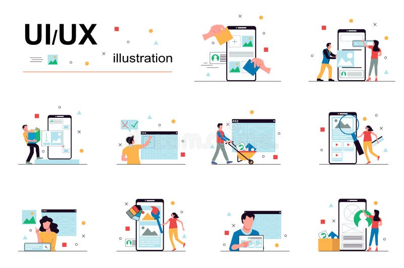 UI UX Design and Programming Concept with People Scene Set Stock ...