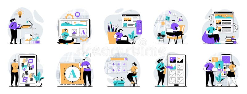 UI UX design web concept with people scenes mega set in flat design. Bundle of character situations with user interface vector illustration