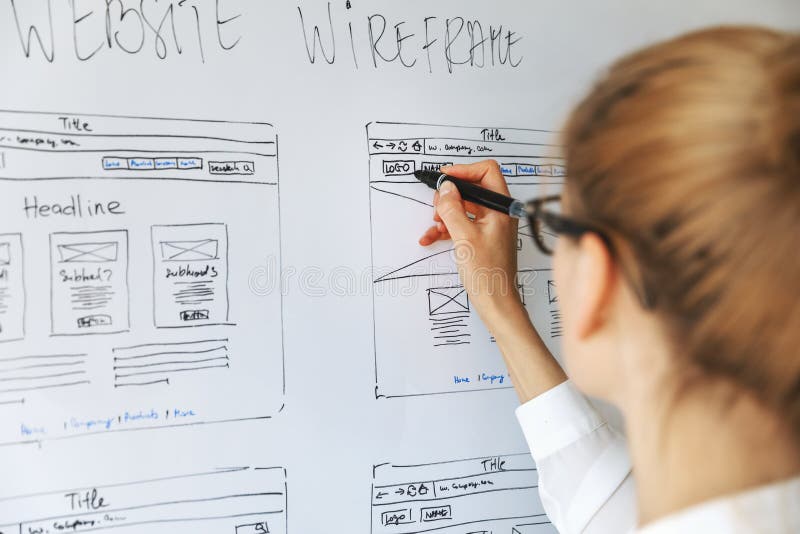 UI UX designer drawing new website wireframe stock photography