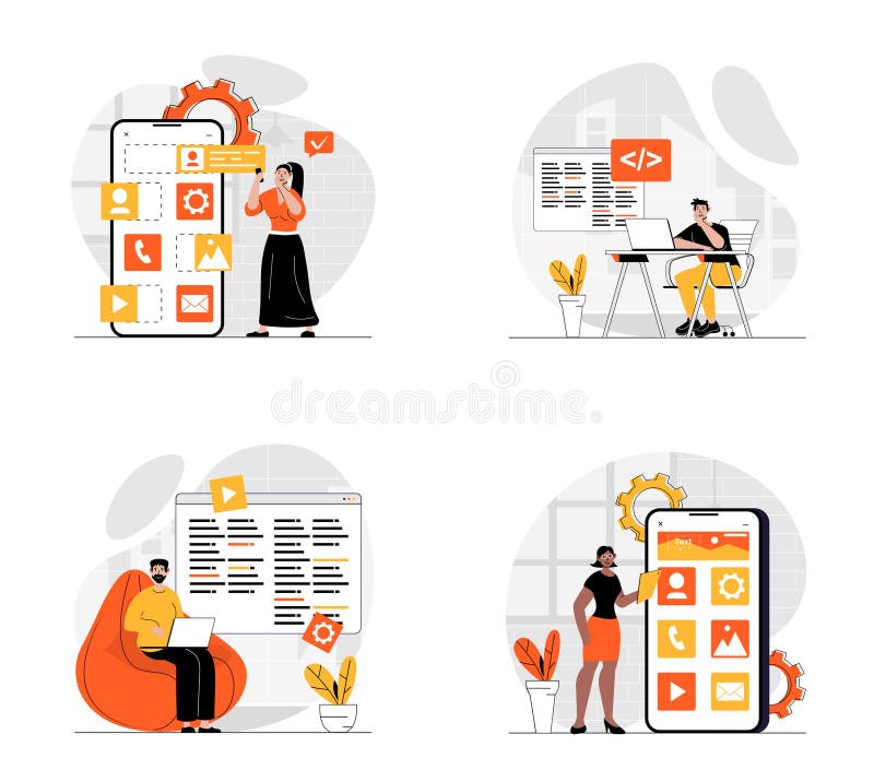 UI UX Development Concept with Character Set. Collection of Scenes ...