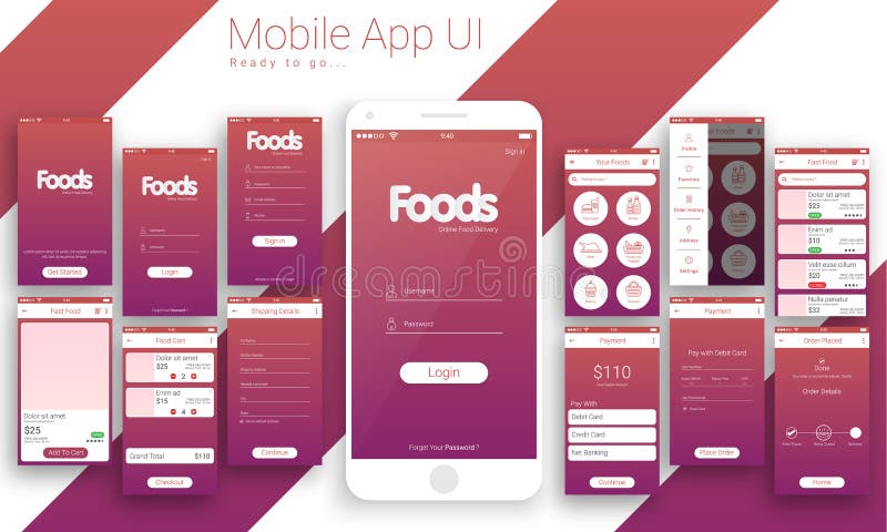 UI, UX and GUI For Online Food Delivery Mobile App. stock illustration