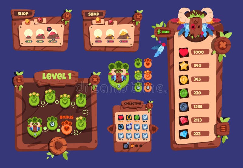 Ui игры мультфильма Деревянные элементы и всплывающее меню, кнопки и значки 2d дизайн вектора интерфейса игры иллюстрация вектора Ui игры мультфильма Деревянные элементы и всплывающее меню, кнопки и значки 2d дизайн вектора интерфейса игры иллюстрация вектора