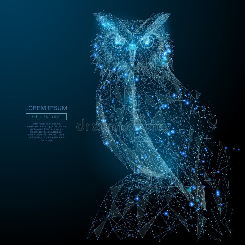 Owl isolated from low poly wireframe on dark background. Wild bird of prey. Vector polygonal image in the form of a starry sky or space, consisting of points, lines, and shapes in the form of stars. Owl isolated from low poly wireframe on dark background. Wild bird of prey. Vector polygonal image in the form of a starry sky or space, consisting of points, lines, and shapes in the form of stars