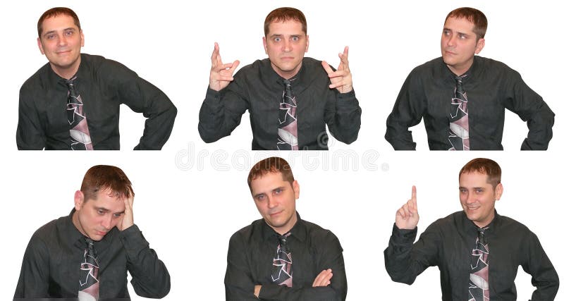 A business man is showing a variety of facial expressions and emotions ranging from angry to happy to curious. A business man is showing a variety of facial expressions and emotions ranging from angry to happy to curious.
