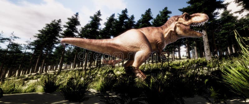 Uiterst gedetailleerde en realistische hoge resolutie 3d illustratie van een Dinosaurus van t-Rex Tyranno Saurus in het Bos royalty-vrije illustratie Uiterst gedetailleerde en realistische hoge resolutie 3d illustratie van een Dinosaurus van t-Rex Tyranno Saurus in het Bos royalty-vrije illustratie