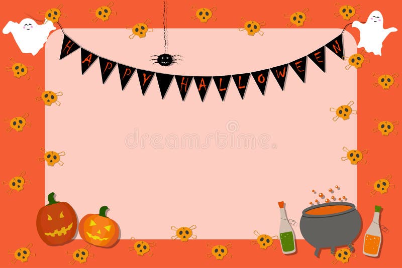 Uitnodigingsaanplakbord voor Halloween Schedels, flessen, spoken, pompoenen, ketel, spin op een oranje achtergrond royalty-vrije illustratie Uitnodigingsaanplakbord voor Halloween Schedels, flessen, spoken, pompoenen, ketel, spin op een oranje achtergrond royalty-vrije illustratie