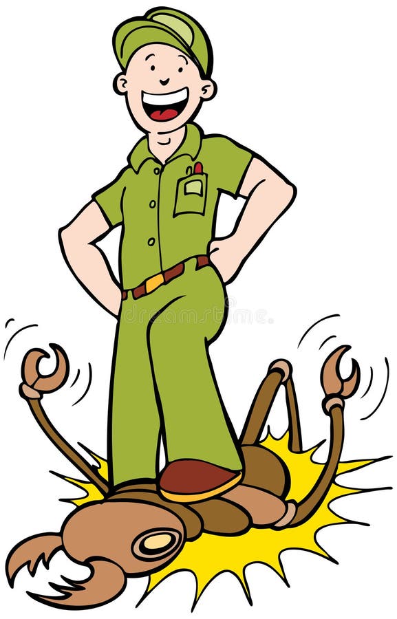 Cartoon image of exterminator killing termites. Cartoon image of exterminator killing termites.