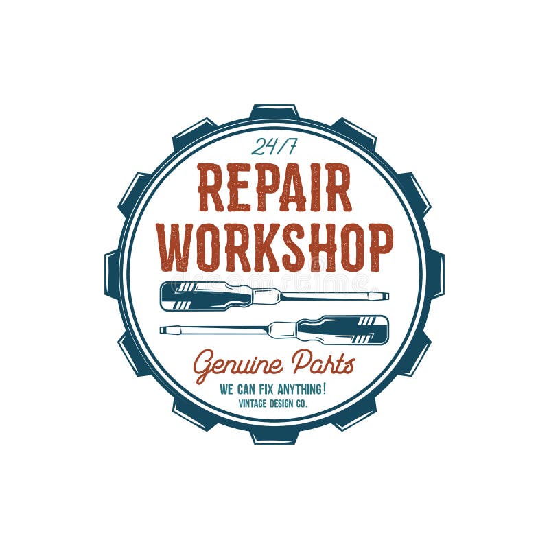 Uitstekend etiketontwerp Het embleem van de reparatieworkshop in retro kleurenstijl met garagehulpmiddelen - schroevedraaiers en vector illustratie Uitstekend etiketontwerp Het embleem van de reparatieworkshop in retro kleurenstijl met garagehulpmiddelen - schroevedraaiers en vector illustratie