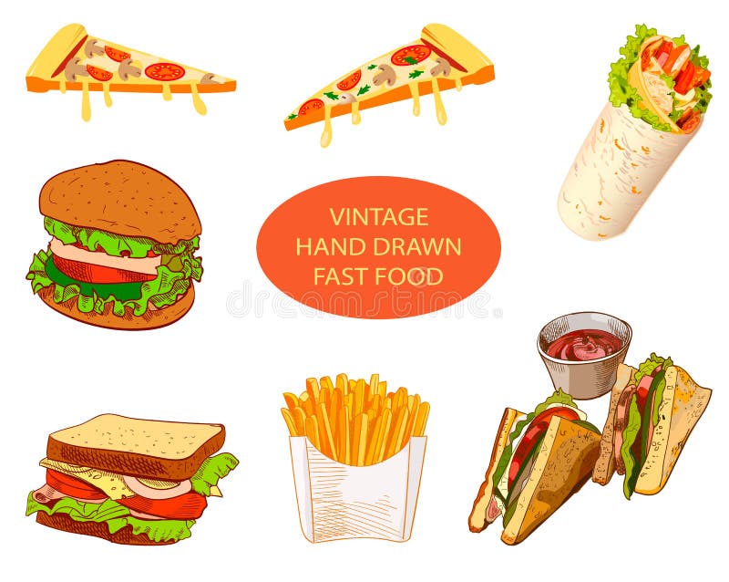 Uitstekend hand getrokken snel voedsel, VECTORreeks gekleurde schetsen royalty-vrije illustratie Uitstekend hand getrokken snel voedsel, VECTORreeks gekleurde schetsen royalty-vrije illustratie