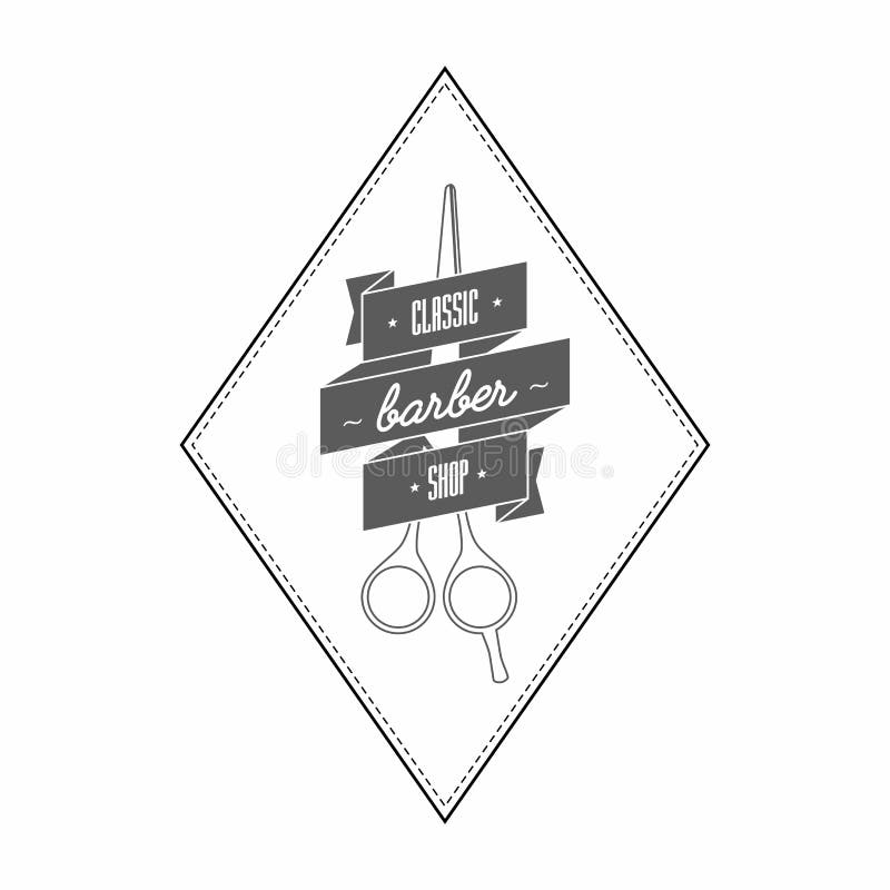 Uitstekend herenkapperembleem in grijze kleur Daarin het kappenschaar in een lint wordt verpakt dat Op het bandetiket royalty-vrije illustratie Uitstekend herenkapperembleem in grijze kleur Daarin het kappenschaar in een lint wordt verpakt dat Op het bandetiket royalty-vrije illustratie