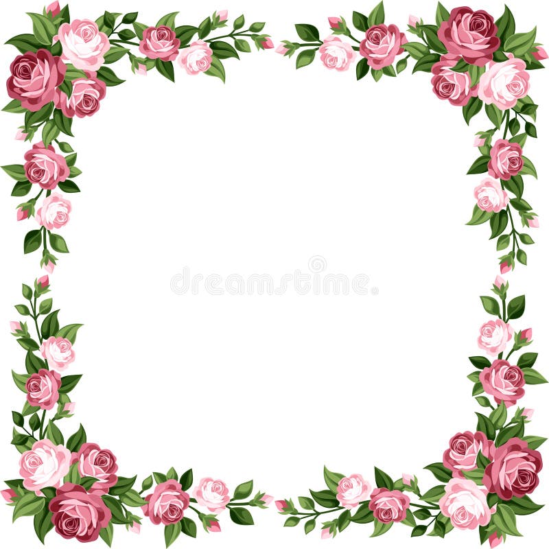 Vintage frame with pink roses, rose buds and green leaves on a white background. Vintage frame with pink roses, rose buds and green leaves on a white background.