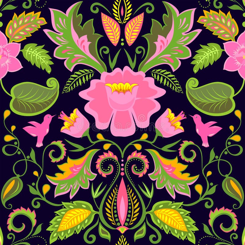 Uitstekend overladen bloemenbehang met exotische bloemen en vogels vector illustratie Uitstekend overladen bloemenbehang met exotische bloemen en vogels vector illustratie