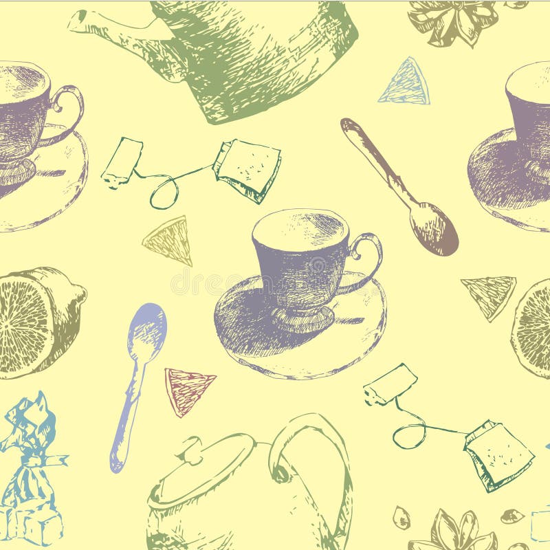 Uitstekend theeporselein Naadloos patroon Vector illustratie Achtergrond met koppen en theepotten stock illustratie Uitstekend theeporselein Naadloos patroon Vector illustratie Achtergrond met koppen en theepotten stock illustratie