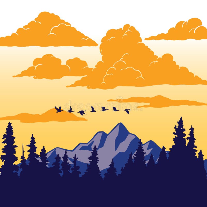 Uitstekende Aardaffiche - Vogels die over berg vliegen stock illustratie Uitstekende Aardaffiche - Vogels die over berg vliegen stock illustratie