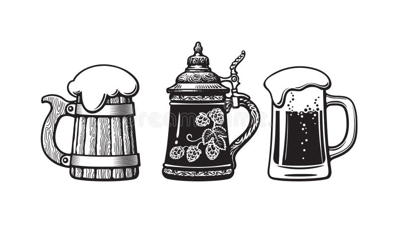 Uitstekende biermokken Oude houten mok, Duits stenen bierkroes en glas met schuim Brouwerij, bierfestival, bar, barontwerp Getrok vector illustratie Uitstekende biermokken Oude houten mok, Duits stenen bierkroes en glas met schuim Brouwerij, bierfestival, bar, barontwerp Getrok vector illustratie