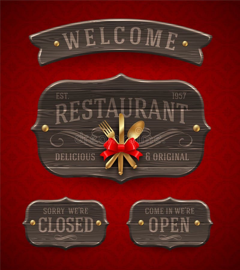Uitstekende houten Restauranttekens royalty-vrije illustratie Uitstekende houten Restauranttekens royalty-vrije illustratie