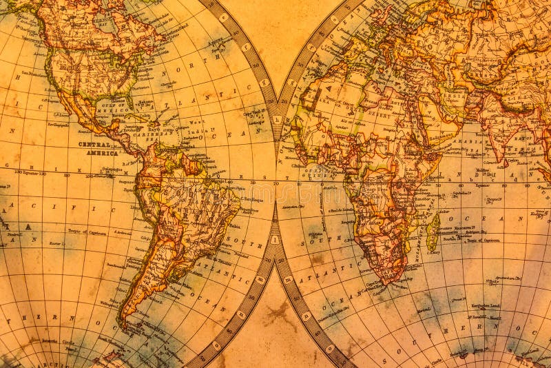 Uitstekende illustratie van oude atlaskaart van wereld op oud document stock afbeeldingen Uitstekende illustratie van oude atlaskaart van wereld op oud document stock afbeeldingen