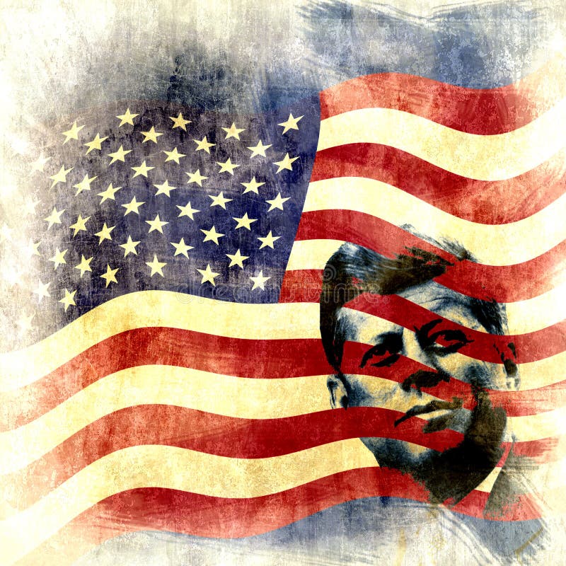 Grunge background with the iconic figure of President John F. Kennedy and the US flag. Grunge background with the iconic figure of President John F. Kennedy and the US flag