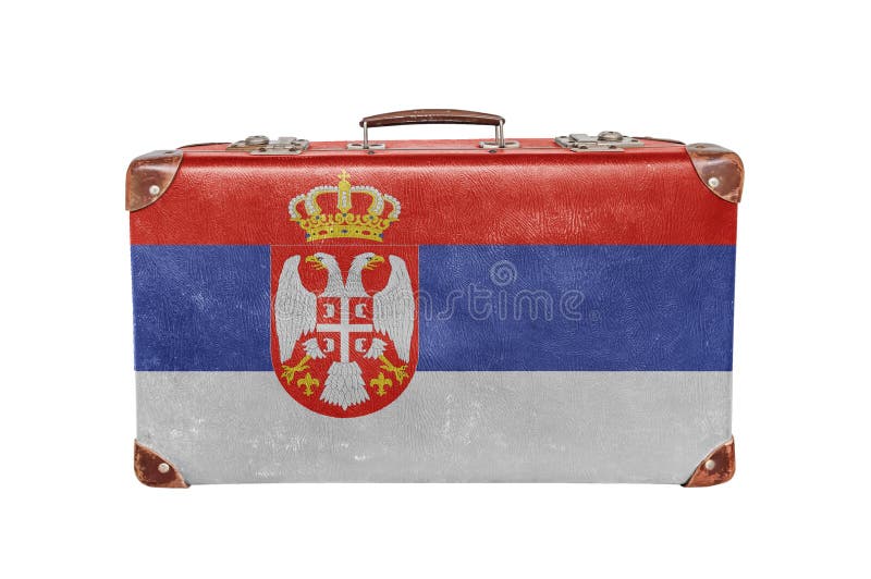 Uitstekende koffer met de vlag van Servië royalty-vrije stock foto's Uitstekende koffer met de vlag van Servië royalty-vrije stock foto's