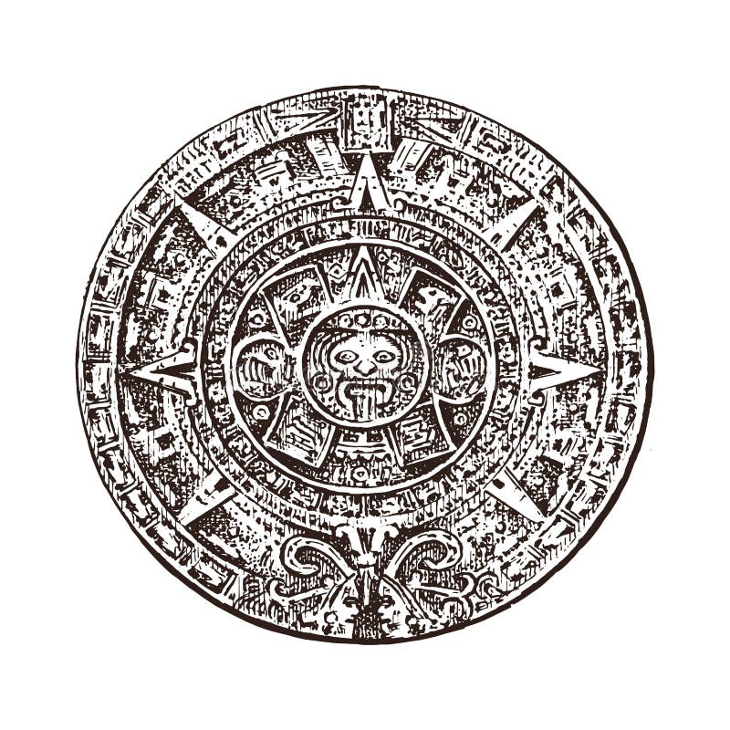 Uitstekende Mayan kalender traditionele inheemse Azteekse cultuur Oud Zwart-wit Mexico Indianen gegraveerde hand vector illustratie Uitstekende Mayan kalender traditionele inheemse Azteekse cultuur Oud Zwart-wit Mexico Indianen gegraveerde hand vector illustratie