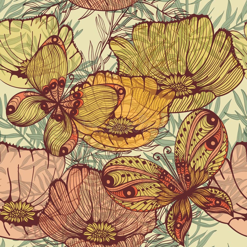 Uitstekende naadloze achtergrond met wilde bloemen en vlinders royalty-vrije illustratie Uitstekende naadloze achtergrond met wilde bloemen en vlinders royalty-vrije illustratie