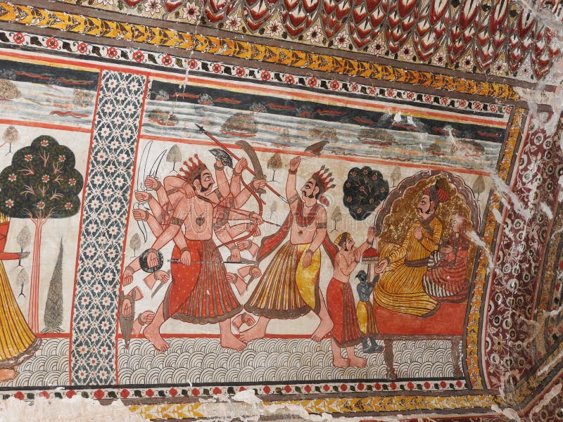 Uitstekende oude schilderijen op de muren in Jahangir Mahal in orcha, India, Madhya Pradesh stock afbeelding Uitstekende oude schilderijen op de muren in Jahangir Mahal in orcha, India, Madhya Pradesh stock afbeelding