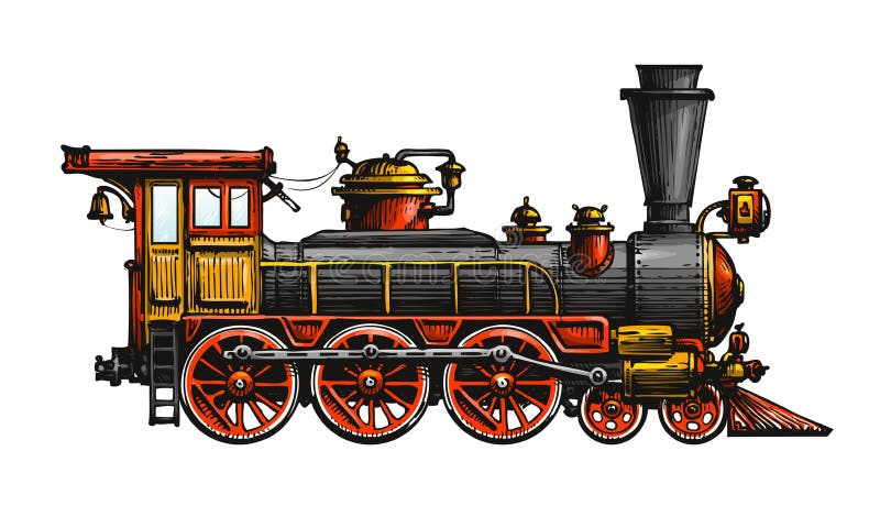 Uitstekende stoomlocomotief Getrokken oude trein, vervoer Vector illustratie royalty-vrije illustratie Uitstekende stoomlocomotief Getrokken oude trein, vervoer Vector illustratie royalty-vrije illustratie