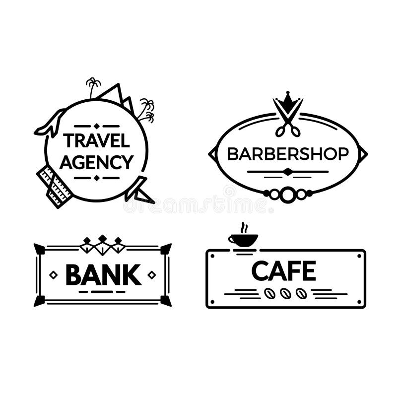 Uitstekende uithangborden, aanplakborden Uithangbord voor landgoedagentschap, bank, herenkapper, koffie vector illustratie Uitstekende uithangborden, aanplakborden Uithangbord voor landgoedagentschap, bank, herenkapper, koffie vector illustratie
