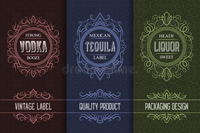 Uitstekende verpakkende ontwerpset met de etiketten van de alcoholdrank van wodka, tequila, alcoholische drank