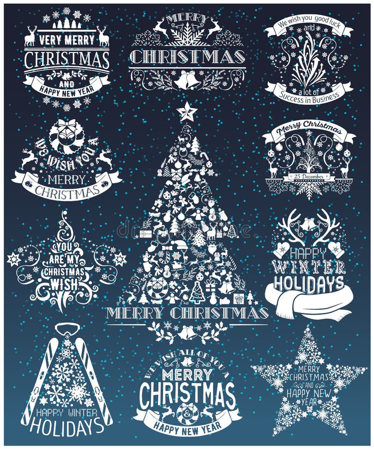 Uitstekende Vrolijke Kerstmis en Gelukkige Nieuwjaarinzameling van etiketten vector illustratie Uitstekende Vrolijke Kerstmis en Gelukkige Nieuwjaarinzameling van etiketten vector illustratie