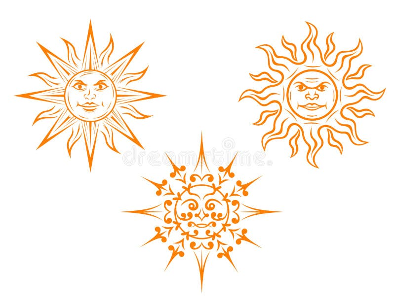 Vintage sun mascots isolated on white. Vector illustration. Vintage sun mascots isolated on white. Vector illustration