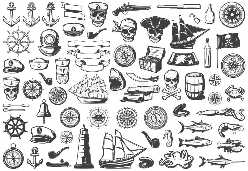 Uitstekende Zwart-wit Marine Icons Collection royalty-vrije illustratie Uitstekende Zwart-wit Marine Icons Collection royalty-vrije illustratie