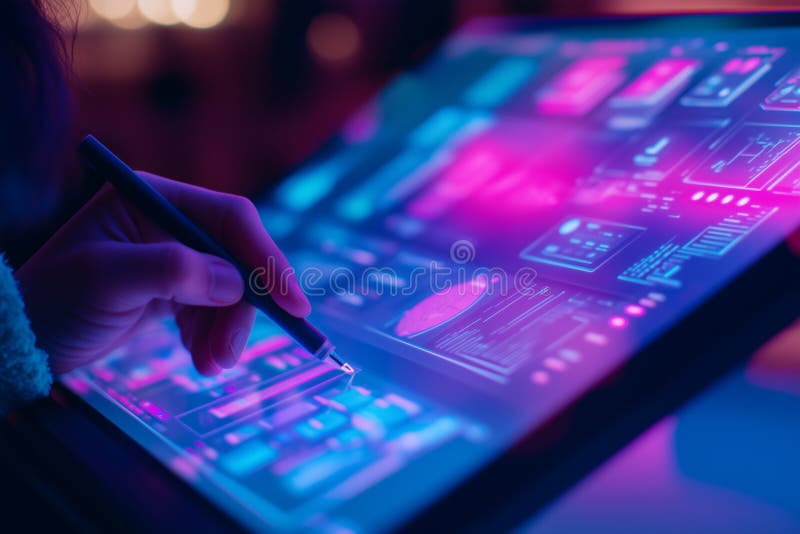 UIUX Designer erstellen ein interaktives Interface auf einem modernen Touchscreen Gerät in der Nacht stockfoto