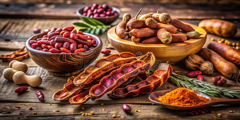 Ujawnienie Ajurwedycznej Mocy Suszonych Tamarind Pods i Nasiona Rustykalne Martwa Życia Świętowanie Naturalnej Zdrowia ilustracji