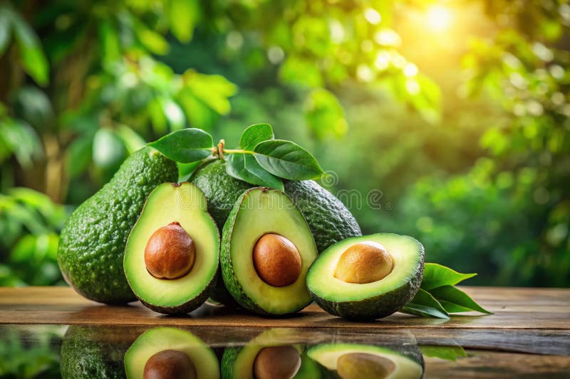 Ujawnienie odżywczej potęgi Dwukrotna uczta ekspozycji świeżych Avocados chwytających ich żywe zielone Hues ilustracji