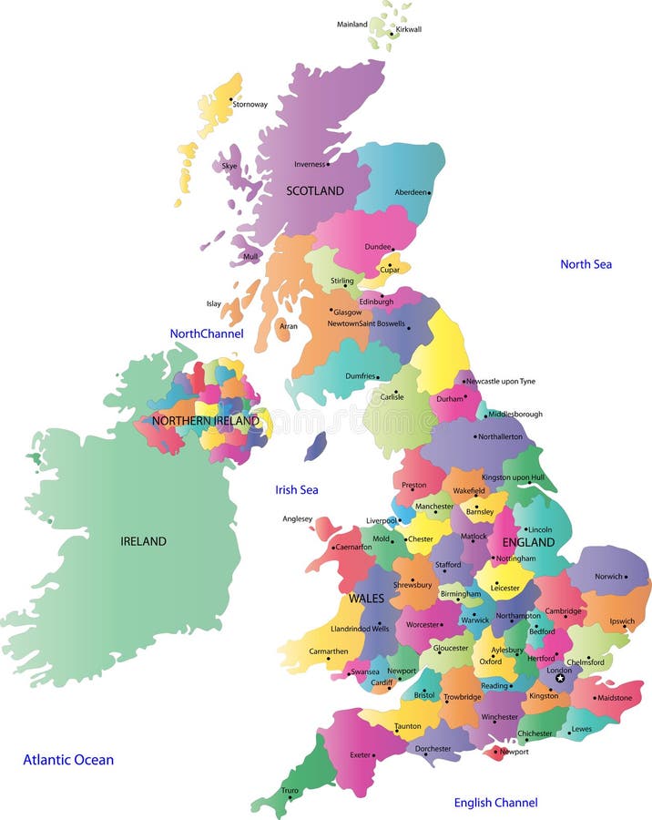 Mapa UK s regiony na kontinentu barvy v jasných barvách a hlavní města.