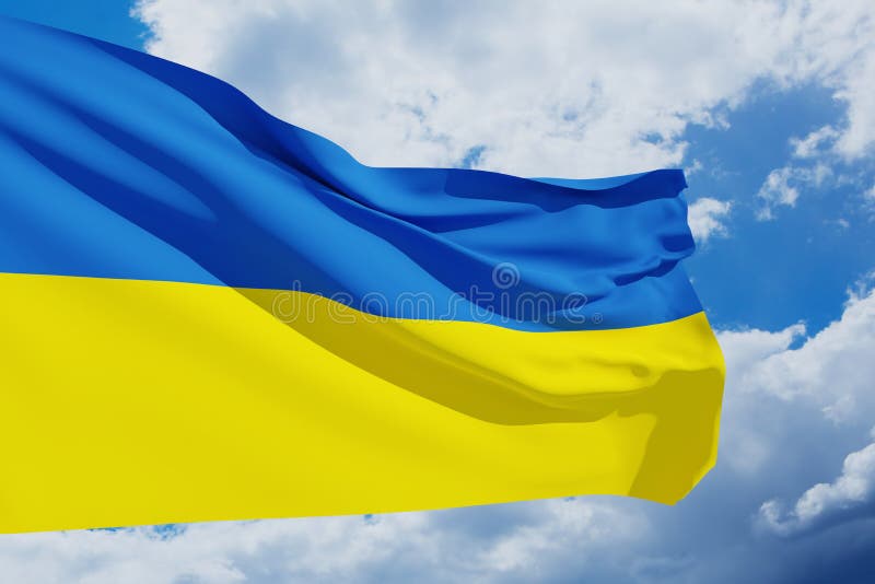 Ukraine Flag on the Blue Sky with Bird. Close Up Waving Flag of Ukraine