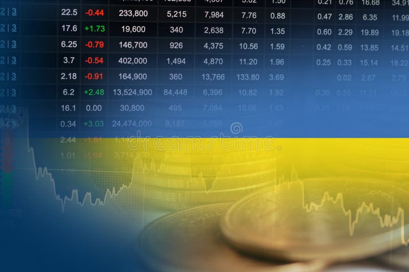 Ukraine flag with stock market finance, economy trend graph digital technology