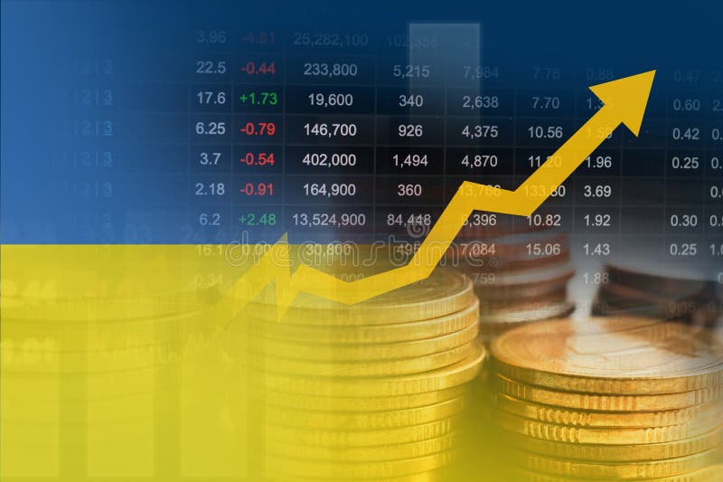 Ukraine flag with stock market finance, economy trend graph digital technology