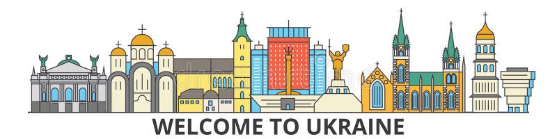 Ukraine outline skyline, ukranian flat thin line icons, landmarks, illustrations. Ukraine cityscape, ukranian travel